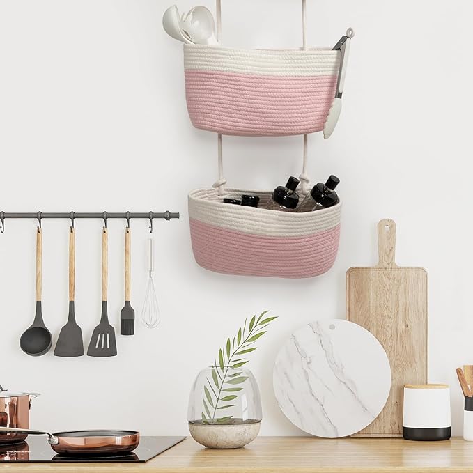 TeoKJ Over the Door Organizer, 3-Tier Woven Cotton Hanging Kitchen Baskets Storage Organizer Bag with Hooks Wall-Mounted Decorative Rope Baskets - Pink+White