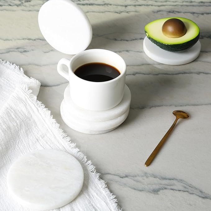 Koville Round Marble Coasters Set of 6 for Coffee Table, 3.9" Inches Handmade Coaster, Luxury Aesthetic Modern Drink Coaster for Table Décor Home Décor, White Cup Coasters for Dining, Bar or Office