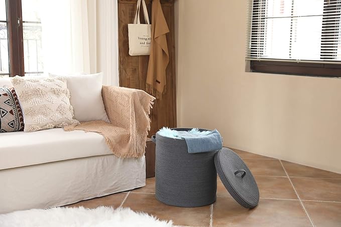 16" x 16" x 18" Extra Large Storage Basket with Lid, Cotton Rope Storage Baskets, Laundry Hamper, Cloth Bin, for Clothes Towels Blankets Pillows Storage in Living Room, All Dark Grey