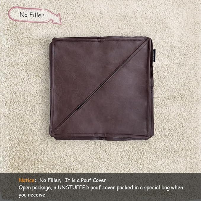 Unstuffed Pouf Ottoman Cover, Handmade Faux PU Leather Moroccan Pouffe Ottomans, Coffee 17.7" Cube Ottoman Foot Rest for Living Room, Floor Chair for Christmas Decorations Gift, ONLY COVER
