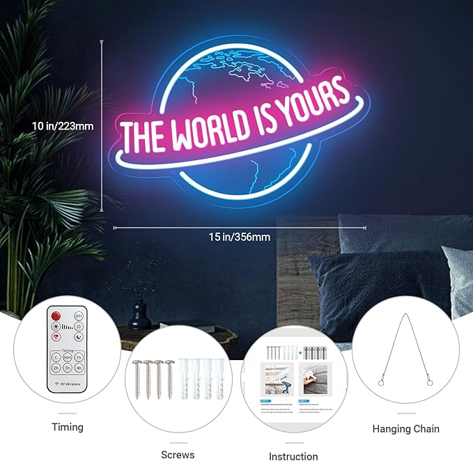 The World is Yours Neon Sign with Remote Dimmer, Ice Blue Pink Planet LED Neon Light Lamp for Wall Decor, Man Cave Home Bar Game Room Bedroom Birthday Gift Graduation Party