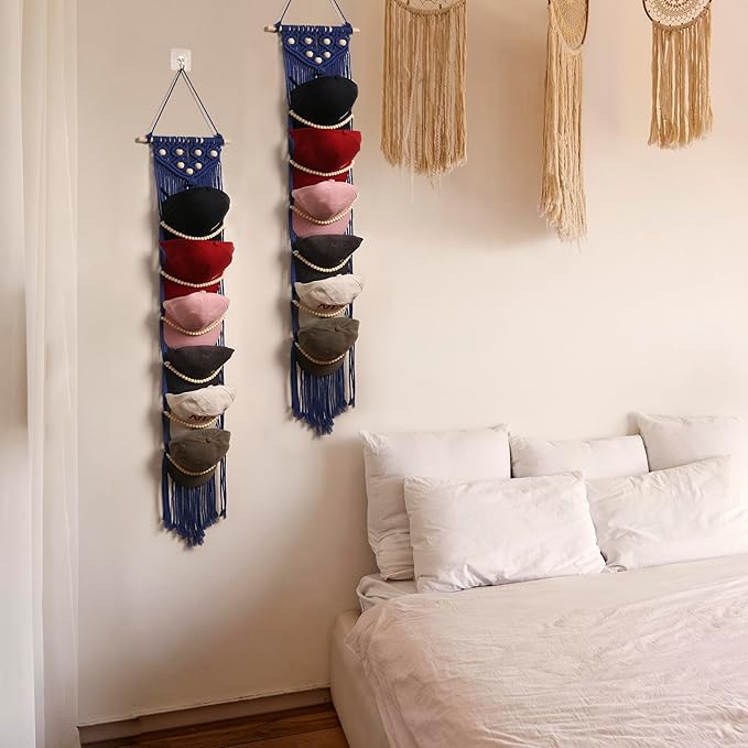 Ball Cap Hanger-1 Pack-Boho Macrame Cap Holder Wall Hat Organizer for Baseball Cap Holder Over Door, Hat Rack for Wall, Cap Rack for Decoration and Display(Blue)