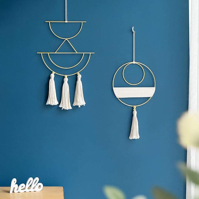 Mkono 2 Pcs Small Macrame Wall Hanging Boho Decor Cute Home Art Ornament with Gold Metal Ring for Bedroom Living Room Nursery Bathroom, 15''H x 10''W and 14''H x 8''W, Small