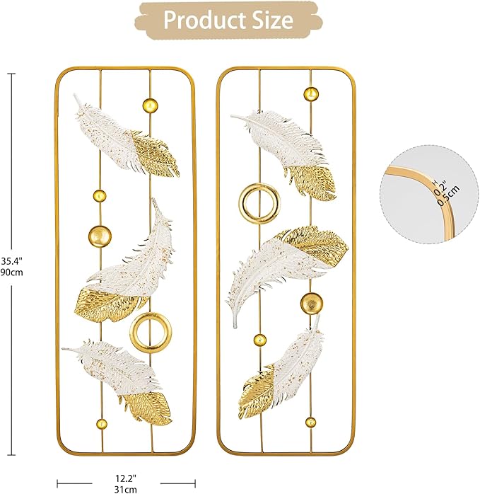 2 Pack Gold Wall Art Décor, 35" Rectangular Panels Metal Work, Modern Wall Décor for Home Office Café Bedroom Living Room Wall Decoration