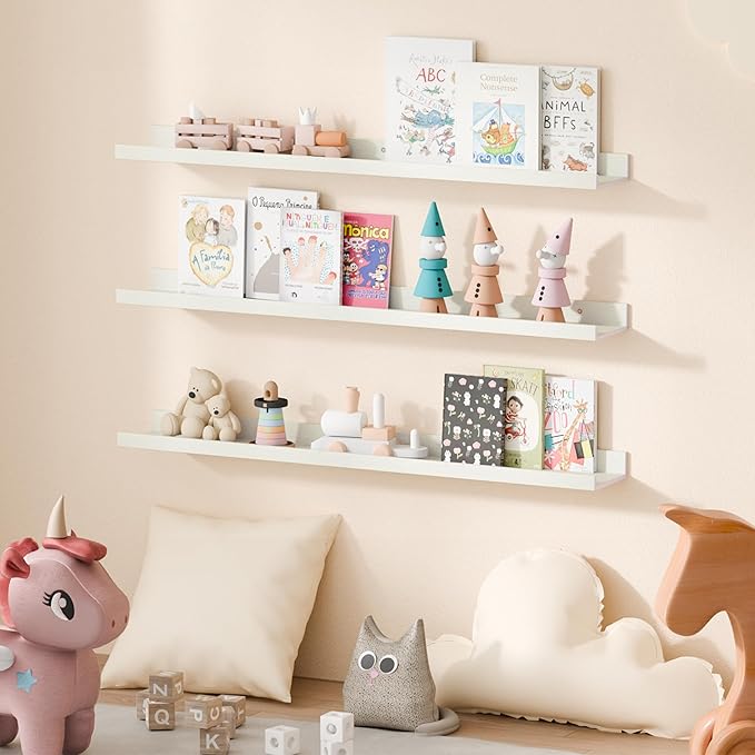 upsimples Floating Shelves for Wall, Wall Shelves for Decor Storage Set of 6, Wall Mounted Wood Shelves for Bedroom, Living Room, Bathroom, Kitchen, 35.5 inch Long Picture Ledge Shelves, White