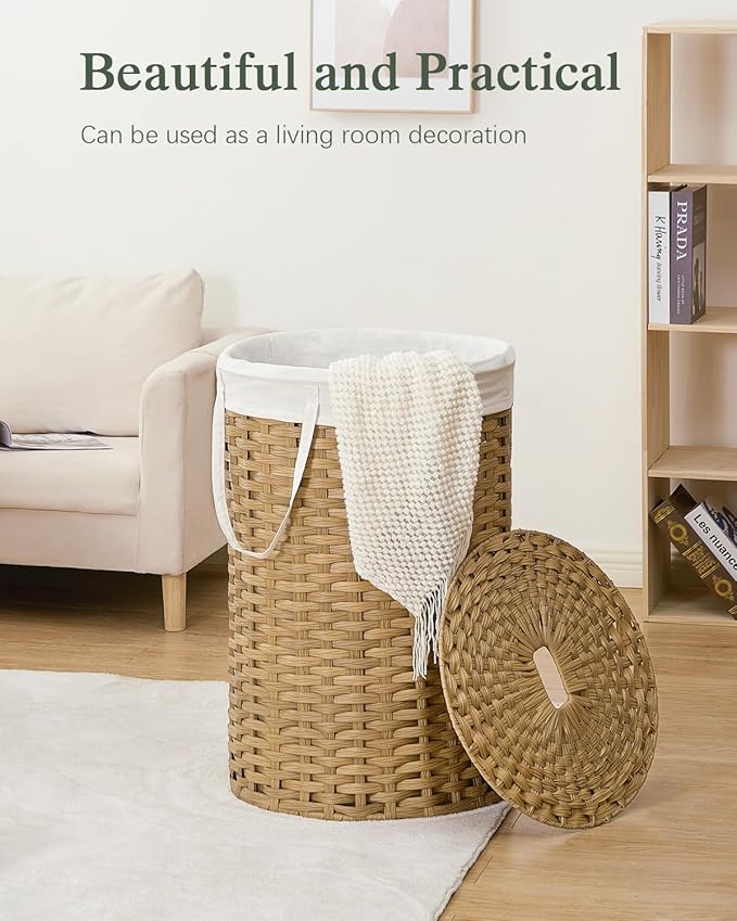 Large Laundry Hamper Laundry Basket Round 34.3 Gal (130 L) Handwoven Wicker Laundry Baskets Rattan Laundry Basket with Laundry Bag Handles 2 Mesh Bags for Living Room Bedroom Natural