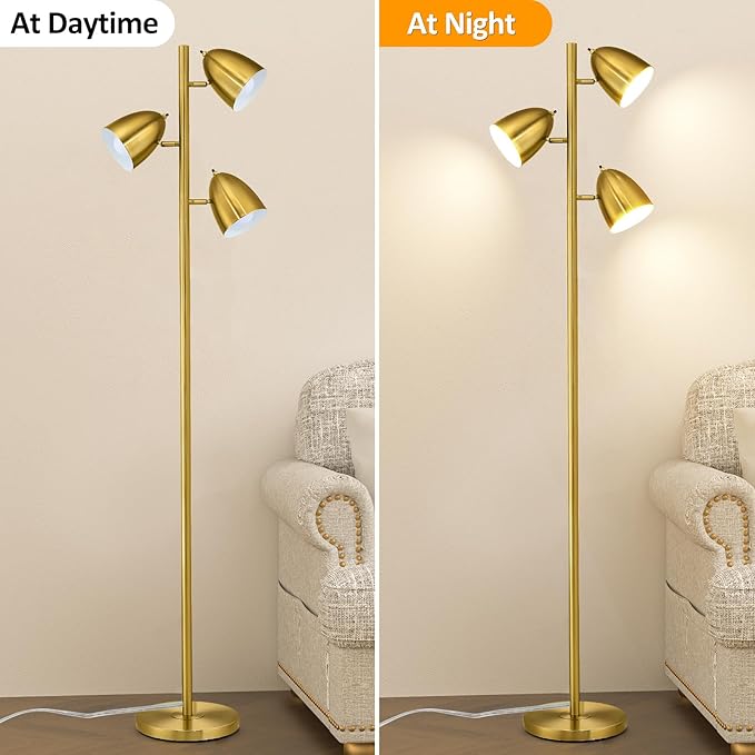 Tree Floor Lamp with 3 Light Bulbs Standing Tall Pole Lamps with Adjustable Metal Heads 65"Reading Stand up Lamps with E26 Base Modern Floor Lamps for Living Rooms, Bedrooms, Home, Office(Gold)