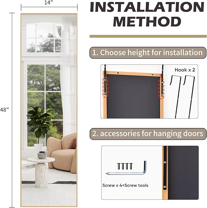 Over The Door Full Length Mirror, Wall Mounted 14"x 48" Full Body, Back of Door Hanging for Bedroom Living Room, Gold