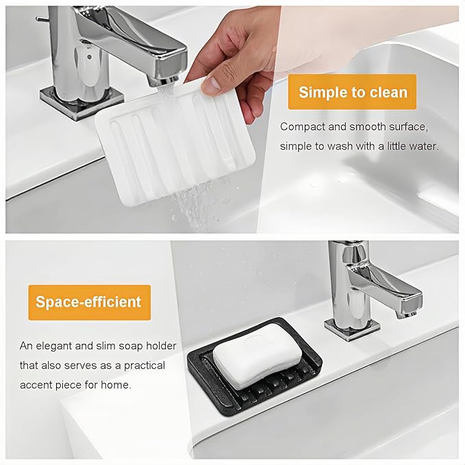 Self Draining Soap Dish, Ceramic Soap Holder for Shower, Vonpri Waterfall Bar Soap Case Saver Tray Sponge Organizer Keep Dry for Bathroom Kitchen Counter Sink (1, Black)