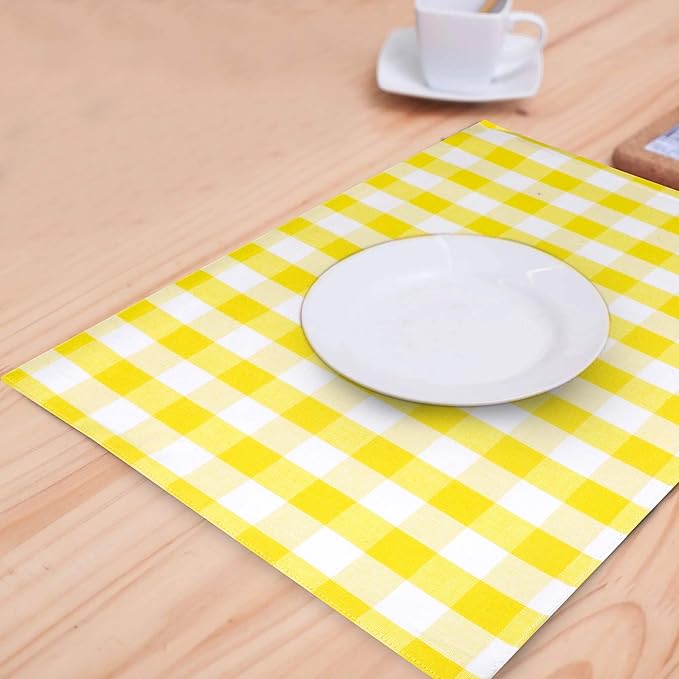 Urban VillaPlacemats for Dining Table 100% Cotton Placemats 14''x20'' Over Sized Tablemats Set of 6 Placemats Yellow/White Buffalo Check Tablemats for Family Dinners Wedding PartiesPlacemats