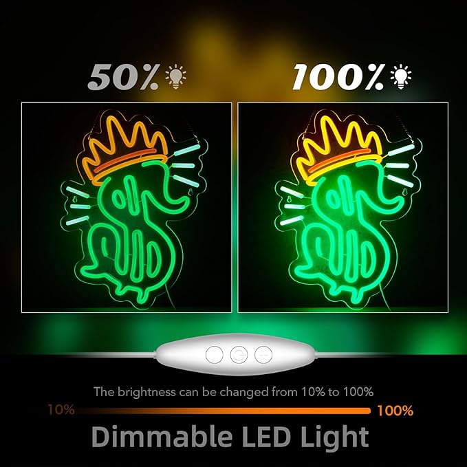Money Sign Neon Sign Dollar Neon Sign for Wall Decor Dollar with Corwn USB Dimmable LED Neon Lights for Beer Bar Kitchen Restaurant Home Bar Pub Tavern Party Man Cave Club Shops Hotel Store Business Gift