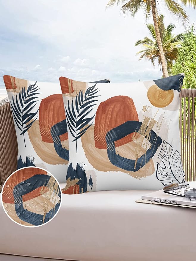 Outdoor Waterproof Throw Pillow Covers Set of 2 Boho Decorative Outdoor Pillows Cushion Case 18x18 Inch Bohemian Patio Pillows for Couch Sofa Bed Garden Office Home Decor Modern Graffiti Leaves