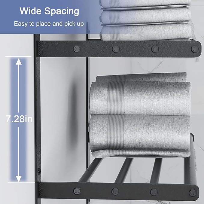 Hotel Towel Rack with 3-Tier Shelf, 24 Inch Wall Mounted Bathroom Bar, Matte Black Lavatory Bath Tower