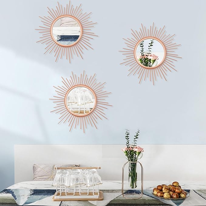 3 Pack Metal Mirrors for Wall Sunburst Wall Mirrors Home Décor Decorative Hanging Wall Art for Living Room Bedroom Entryway (Rose Gold, Sunburst)