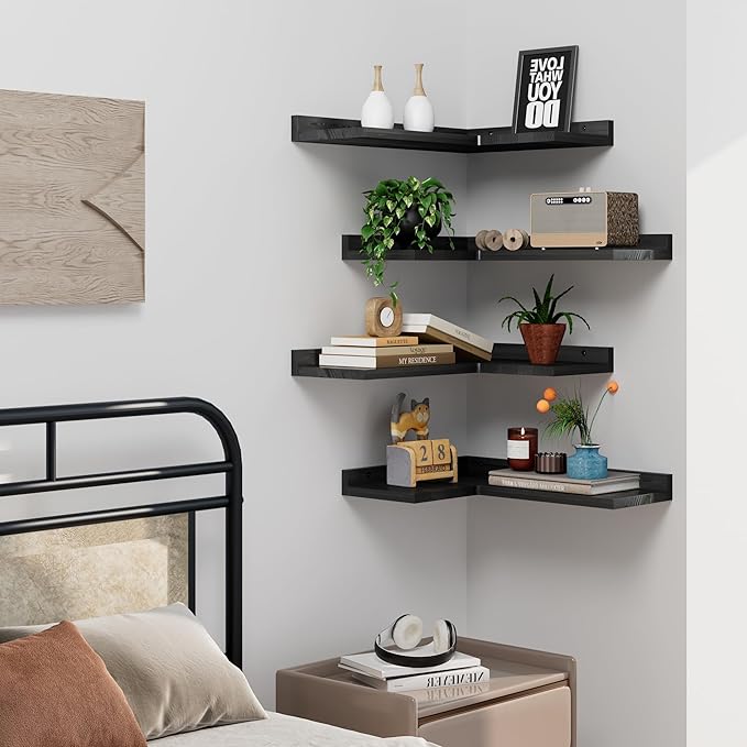 4-Tier Corner Floating Shelves, Rustic Pine Corner Shelves Wall Mounted, L-Shaped Floating Corner Shelves for Wall Storage, Creative Corner Wall Shelves for Bedroom,Bathroom&Any Room-Black