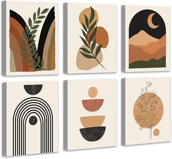 Drsoum Boho Wall Decor Minimalist Bohemain Wall Art Mid Century Modern Abstract 𝗙𝗿𝗮𝗺𝗲𝗱 Room Decor Moon Phases Wall Painting For Bedroom Home Decor Set of 6, 8x10in (Framed)