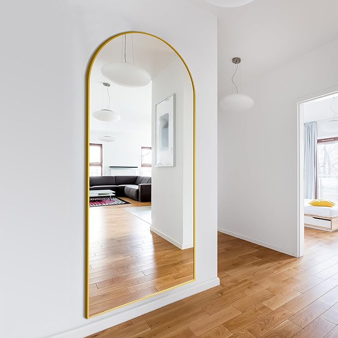 Delma Wall Mirror Full Length Mirror,Standing Mirror Full Body,Large Floor Mirror for Wall Door Bedroom Bathroom Living Room with Aluminium Frame(with Stand,Arch 75x35-Gold)