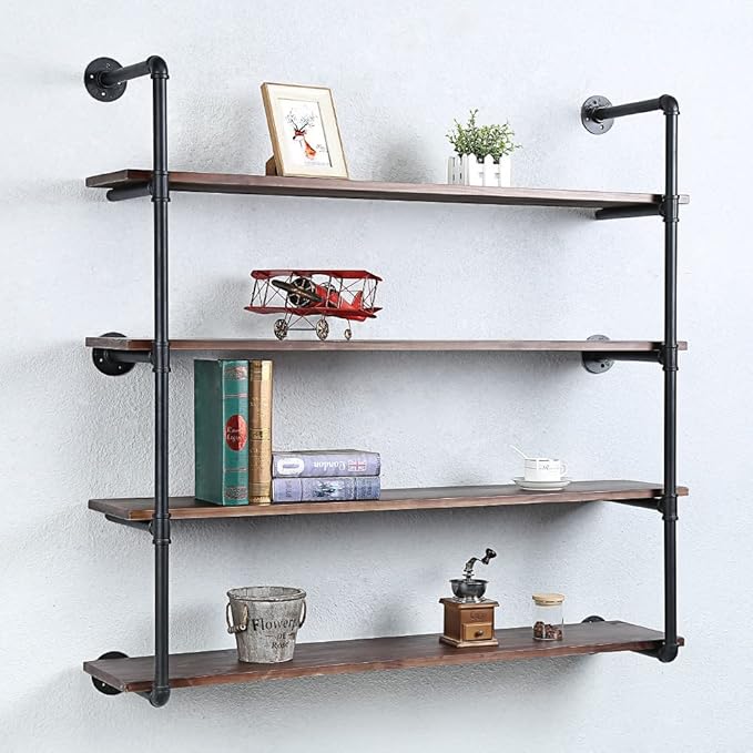 Industrial Pipe Shelving Wall Mounted,48in Rustic Metal Floating Shelves,Steampunk Real Wood Book Shelves,Wall Shelf Unit Bookshelf Hanging Wall Shelves,Farmhouse Kitchen Bar Shelving(4 Tier)