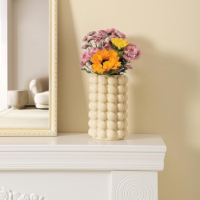 Bubble Vase, Beige Ceramic Vase for Boho Decor, Ceramic Flower Vases for Modern Home Decor, Tall Decorative Vases for Living Room, Bedroom, Wedding, Entryway, Mantel, Office, 8.5 Inches