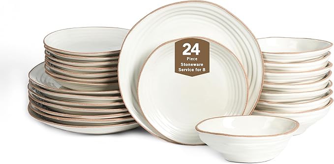 Stone Lain Nami 24-Piece Dinnerware - Stoneware, Plates and Bowls Set, Microwave and Dishwasher Safe, Dish for 8, White