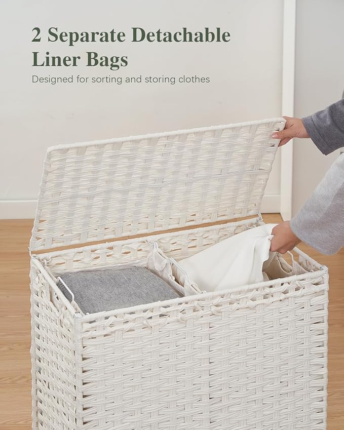 Laundry Hamper with Lid, 112 L Handwoven Rattan Wicker Laundry Basket, 2 Removable Liner Bags Metal Heightened Feet, 6 Mesh Bags, 2 Section Large Clothes Hamper for Bathroom Bedroom, White