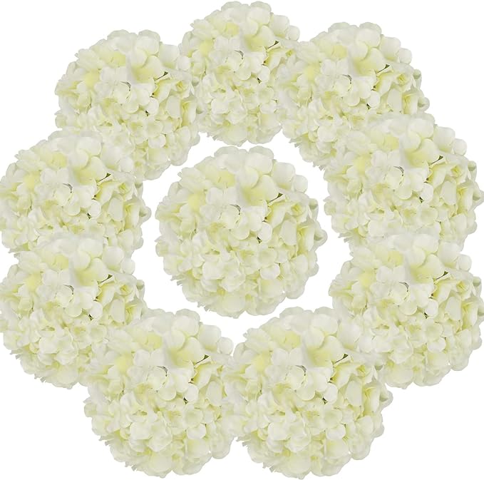 Flojery Silk Hydrangea Heads Artificial Flowers Heads with Stems for Home Wedding Decor,Pack of 10 (Ivory)