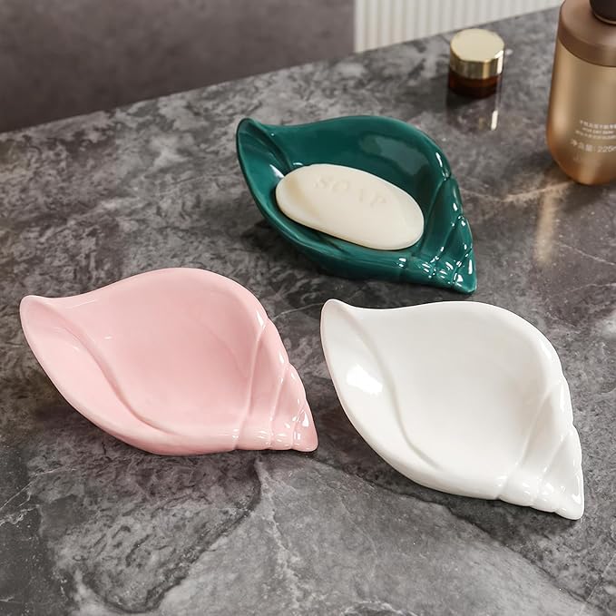 Sea-Shell Soap Holder, Ceramic Soap Tray with Self Draining, Soap Tray for Sink Washroom Bathroom Shower, Small Cute and Elegant Holder with Glaze, Easy Cleaning (Pink)
