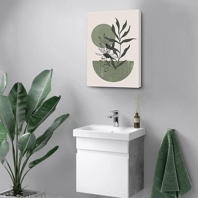 Sage Green Wall Posters & Prints, Green Boho Wall Art Set of 3, Minimalist Framed Wall Art Geometric Line Leaf Sun Moon Beige Green Canvas Artwork Paintings