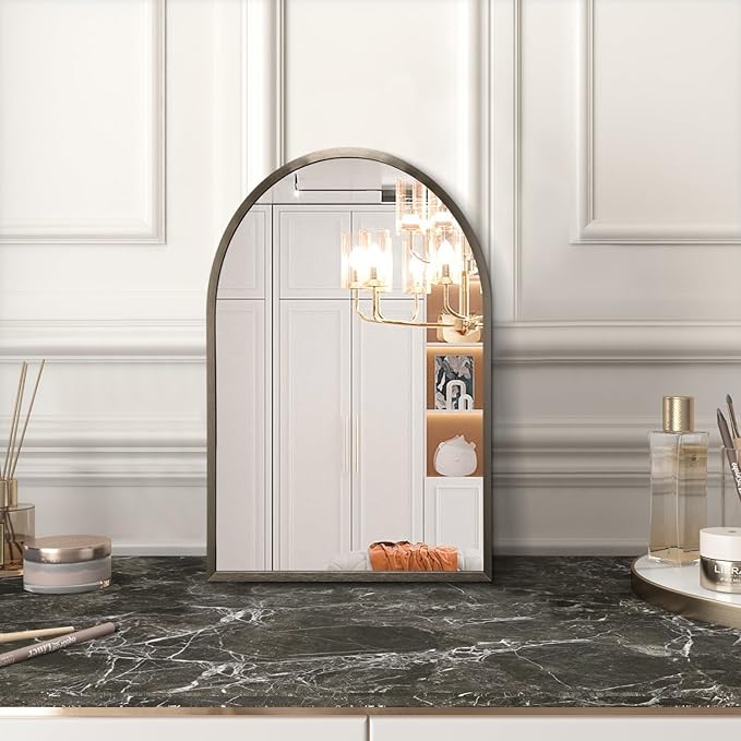 Arch Metal Framed Bathroom Mirror for Wall, Aluminum Alloy Frame Brushed Wall Mounted Mirror for Livingroom Bedroom Entryway, Anti-Rust, Tempered Glass 16"x12"