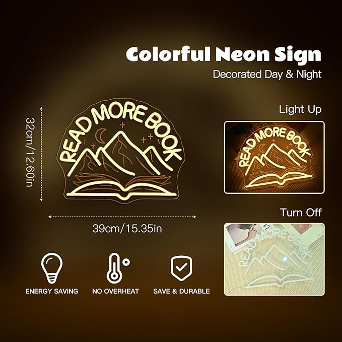 Read More Book Neon Signs Mountain Neon Signs for Wall Decor Dimmable Book Classroom Led Light for Reading Bookshelves Bedrooms Bookstores Libraries Clubs Book Lovers Reader Gift