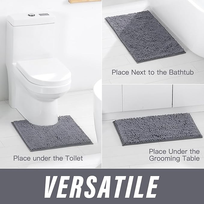 Bathroom Rugs Sets 3 Piece Washable, Luxury ,Chenille Bath Mat Set, Soft Plush Anti-Slip Rectangular Bath, Rug Super Absorbent.3 Pieces Bathroom (Dark Gray, 32"x20"+24"x16"+U Shape 20"x20")