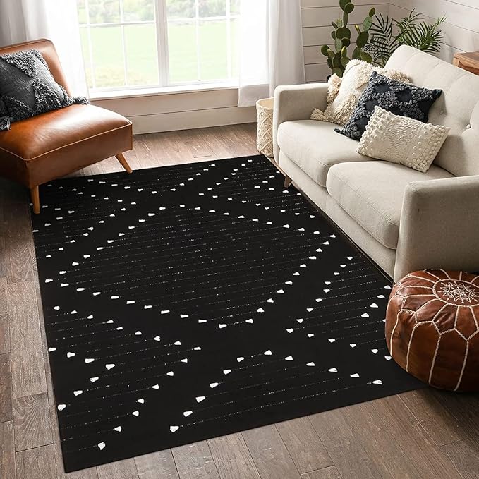 LIVEBOX Boho Washable Rug for Bedroom, Living Room 4' x 6' Black and White, Moroccan Cotton Carpet Indoor Outdoor Throw Area Rug for Entryway Dining Room Porch