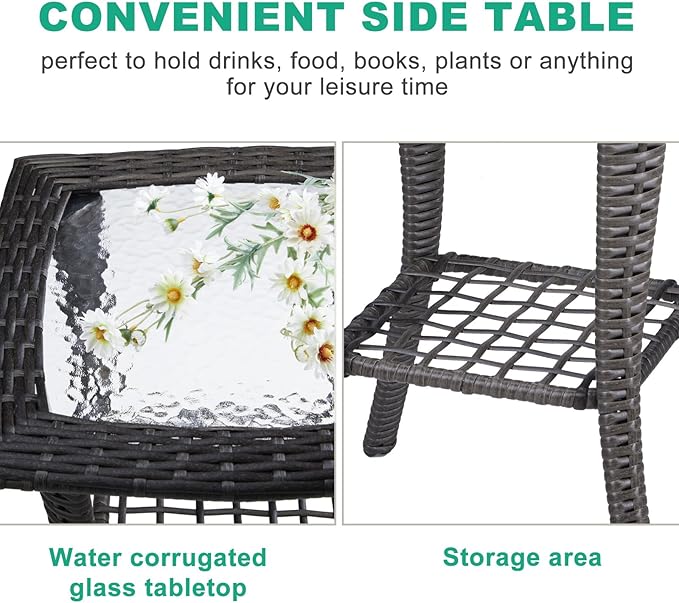 VINGLI Outdoor Side Table with Storage Wicker Patio Side Table, Tempered Glass Top End Table for Balcony Porch Deck (Grey)