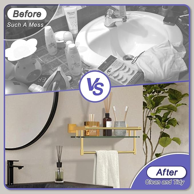 Bathroom Glass Shelf Brushed Gold Finish with Towel Rack, SUS304 Stainless Steel, 16-inch Tempered Glass Shelves for Wall