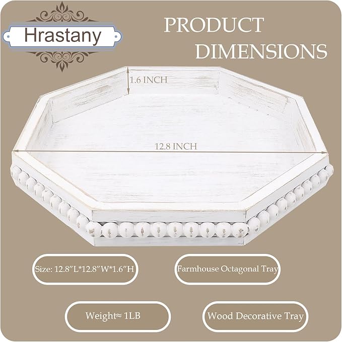 Whitewashed Octagonal Wood Decorative Tray, Small Farmhouse Wooden Serving Tray with Beads, Versatile Shabby Chic Coffee Table Tray for Kitchen Counter, Ottoman, Living Room