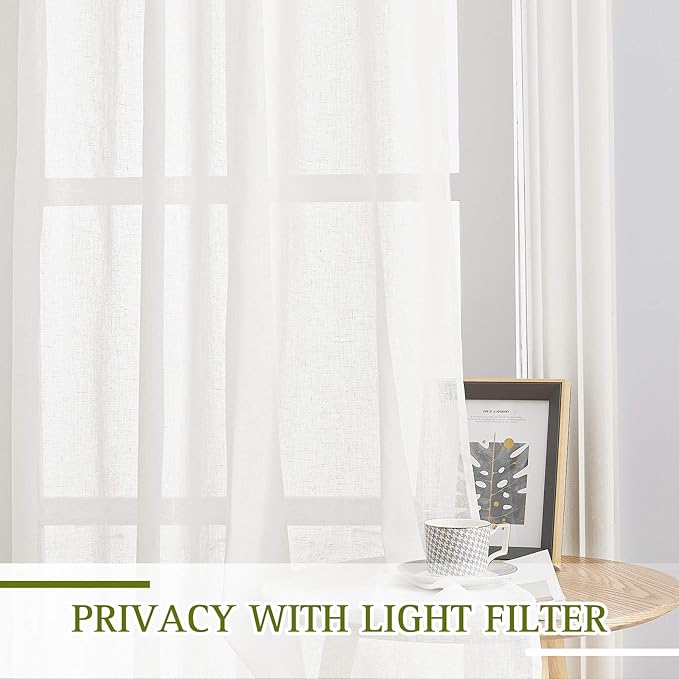 NICETOWN 45 inch Long Rich Linen Curtains Flax Texture, Grommet Top Rustic Drapes Half Window Semi Sheer with Light Filtering for Kitchen/Nursery/Cafe, Ivory, 104" Wide Total 2 Panels