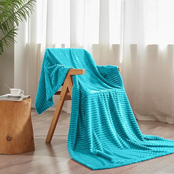 Vessia Flannel Fleece Throw Blanket for Couch,Sofa,Bed, 300GSM Striped Teal Blanket for Adults and Kids, Super Soft Warm Cozy Lightweight Ribbed Throw for All-Season