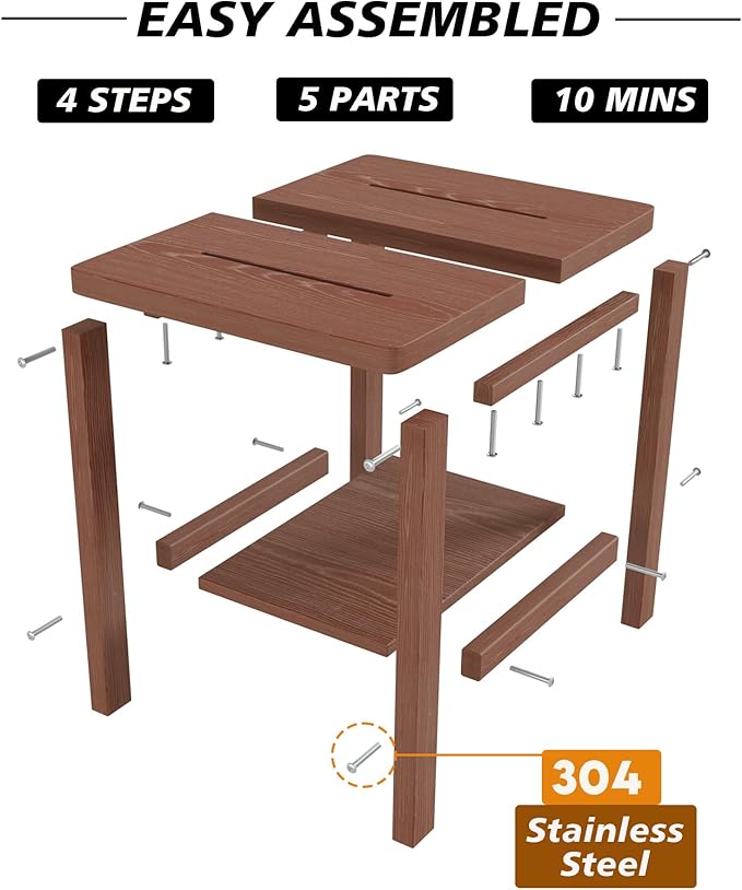 2-Tier Adirondack Square Outdoor Side Table, Pool Composite Patio Table, Weather Resistant End Table for Patio, Backyard, Pool, Easy Maintenance - Brown