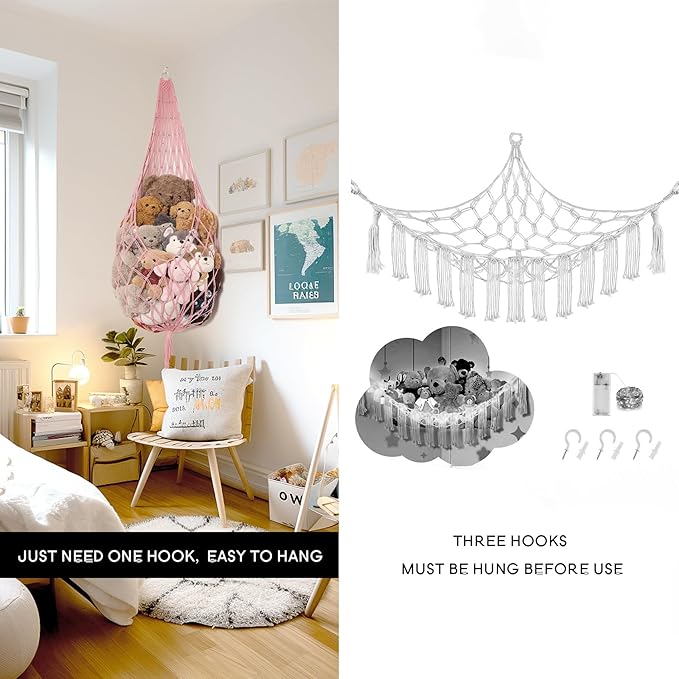 Stuffed Animal Hammock Corner Hanging Net for Stuff Animal Storage Macrame Toy Display Plush Toy Holder-Perfect for Tiny Space Walls-Kid Bedroom Decor Nursery Playroom Organizer (Light Pink)
