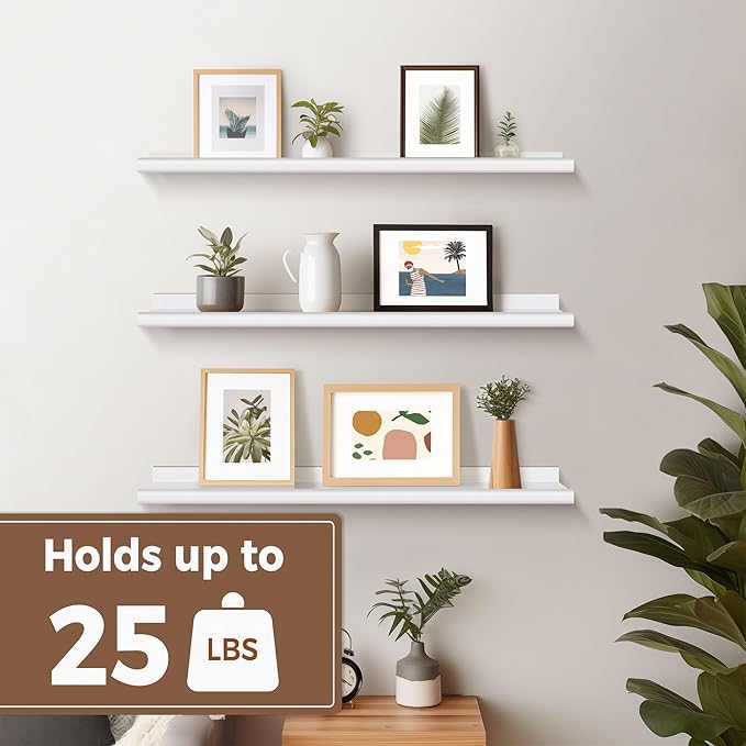 Annecy Floating Shelves Set of 3, 36 Inch White Rustic Wood Shelves for Wall, Wall Storage Shelves with Guardrail Design for Bedroom, Bathroom, Kitchen, Office, 3 Different Sizes
