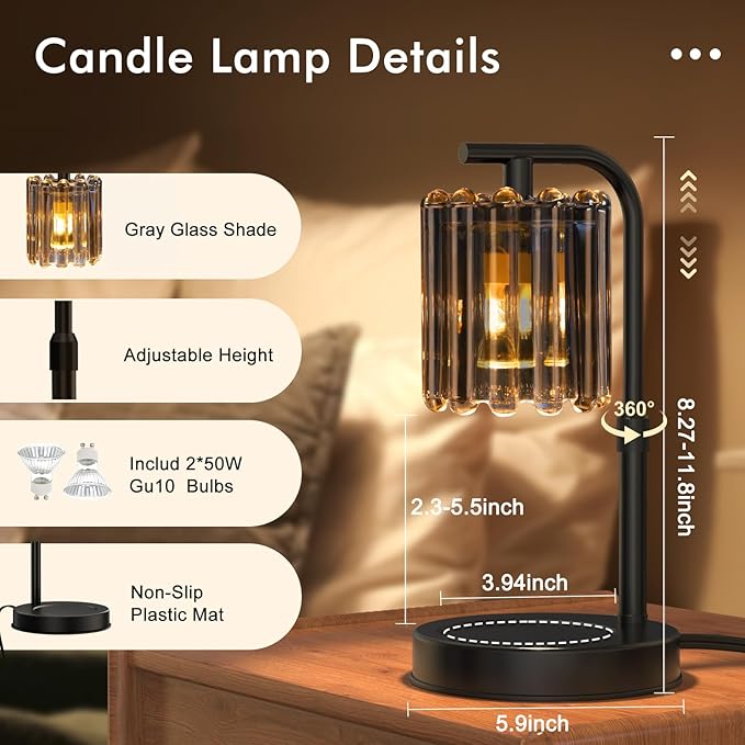 Candle Warmer Lamp with 2 Bulbs, Dimmer Adjustable Height Candle Lamp, 2/4/8H Timer, Home Decor, Candle Warmers for Jar Candles, Thoughtful Gifts for Housewarming, Birthday, Mother's Day, Black