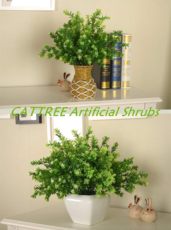 CATTREE Artificial Plants, Faux Plastic Bean Flowers Shrubs Fake Grass Leaves Simulation Greenery Bushes Indoor Outside Home Garden Office Yard Verandah Wedding Decor - 8 Pcs