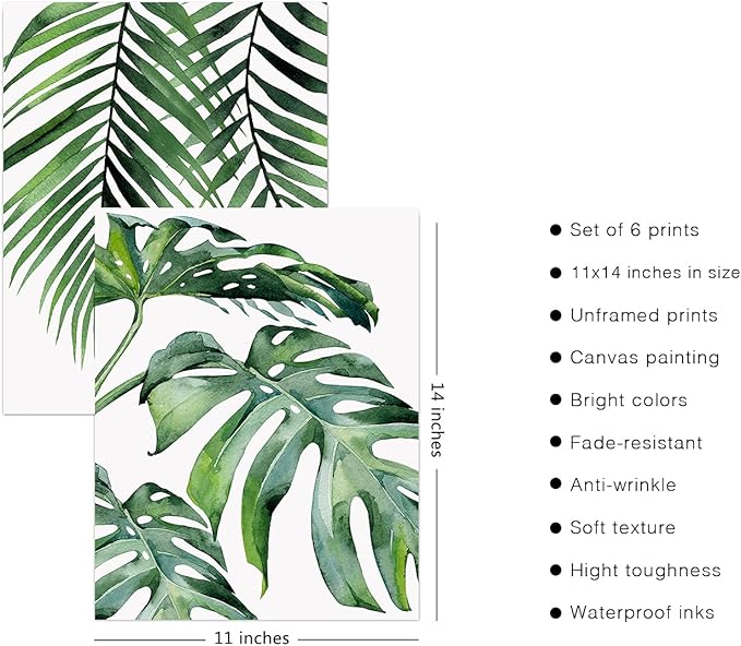HoozGee Botanical Wall Art Prints Set of 6 Tropical Leaves Canvas Decor Plant Leaf Boho Wall Decor Pictures Green Boho Posters Art Set Bathroom Wall Art Decor (11"x14" UNFRAMED)