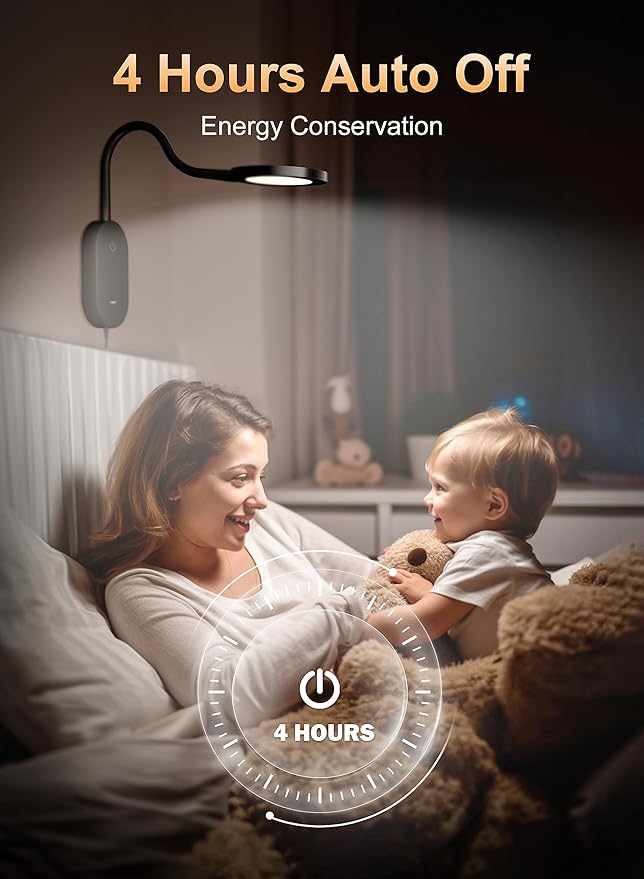 deeloop LED Wall Mounted Reading Light for Bed, Book Light for Wall Bedside Lamp with USB Output, 4 Hour Auto-Off Timer Lights,Eye-Caring Reading Lamp with 5 Dimmable 360° Gooseneck Headboard Light