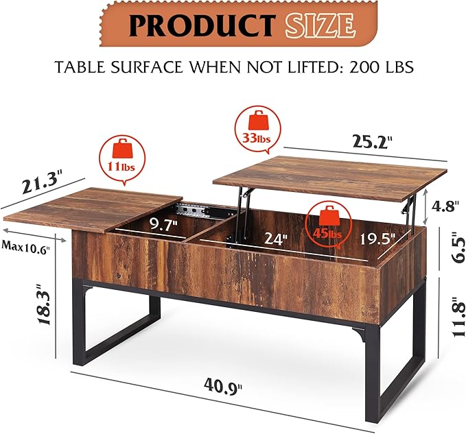 WLIVE Lift Top Coffee Table with Storage, 40.9" Coffee Table with Lifting Top & Sliding Cover, Wood Modern Center Table with 2 Hidden Compartment for Living Room, Retro Brown