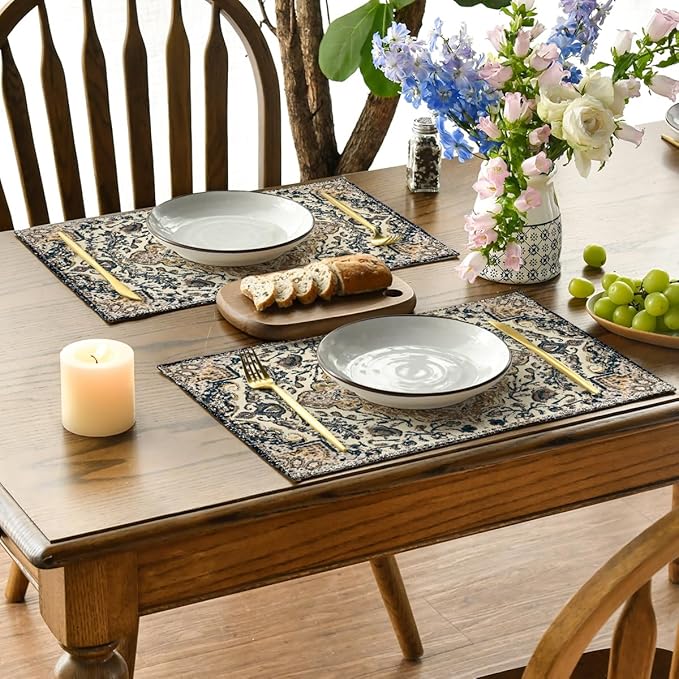 Artoid Mode Boho Placemats Set of 4, Daily Blue Teal Flowes Bohemia Table Mats for Home Party Dining Decoration 12x18 Inch