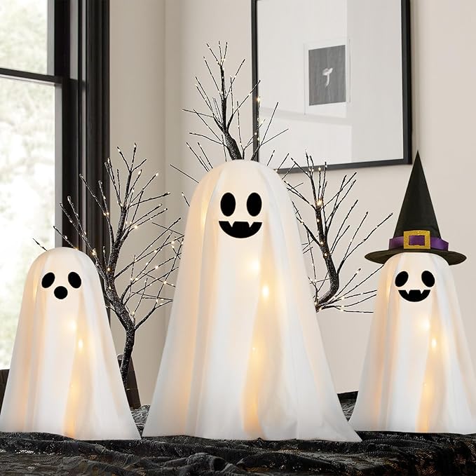 Halloween Decorations Indoor - 3 Packs DIY Light-Up Spooky Ghosts with String Lights, Witch Hats, Crafts Kits for Halloween Decor Indoor Party Home Table Mantel Room Kitchen Office
