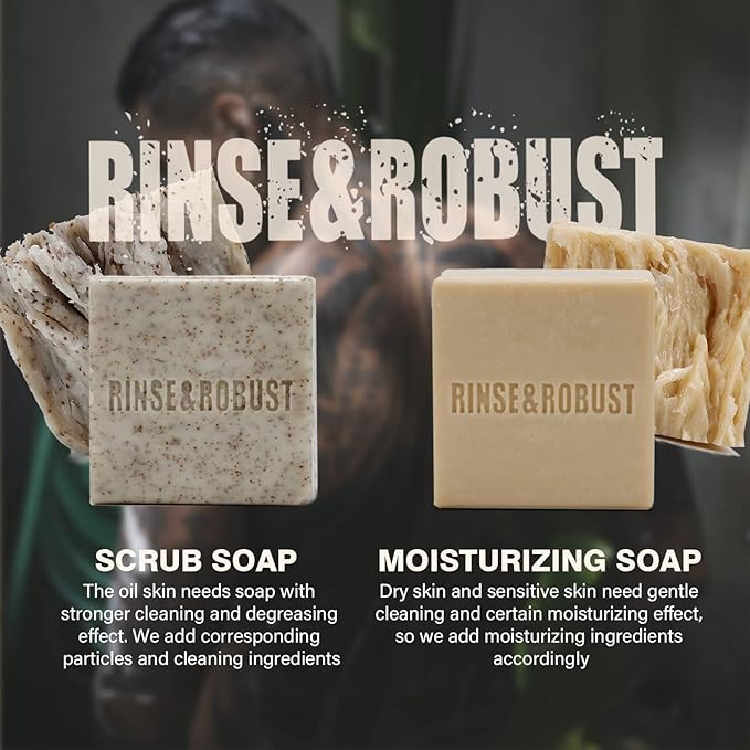 Rinse & Robust Mens Bar Soap 6Pcs Cleansing All Natural Handmade Mens Moisturizing&Exfoliating Oatmeal Scrub Soap Gift for Men Body&Hand All Skin Type|6 Different Scents |5.3 oz of 6 Bars