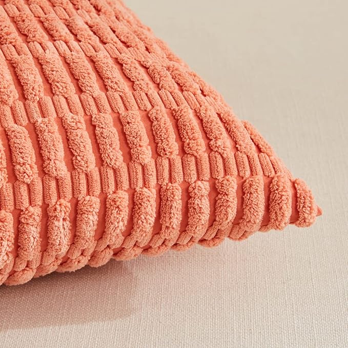 Fancy Homi 4 Packs Boho Coral Decorative Throw Pillow Covers 16x16 Inch for Living Room Couch Bed Sofa, Rustic Modern Farmhouse Home Decor, Soft Plush Corduroy Peach Cute Square Cushion Case 40x40 cm
