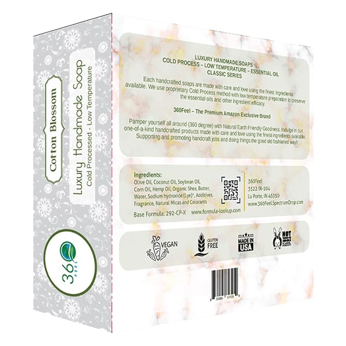 360Feel Clean cotton Soap 5 oz Castile Handmade Soaps -Refreshing Spring scent- Essential Oil Natural Mans Soap bar- Anniversary Wedding Gifts- Made in USA-Gift ready Cotton Blossom